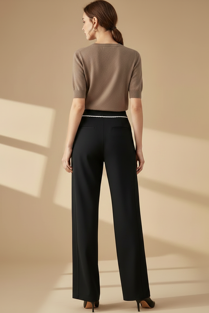 Pantalon Chino Noir Élastique Droit Rayure Blanche Femme - Polyester - vue 2