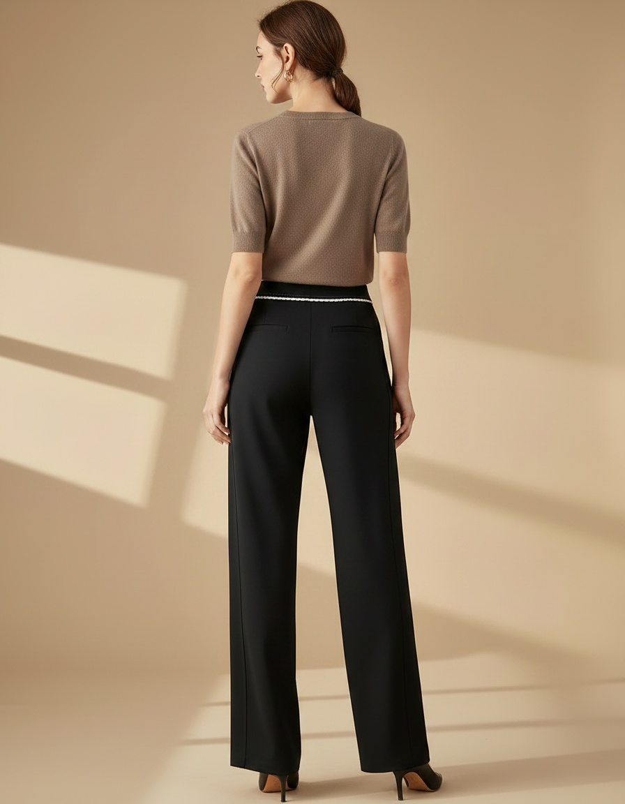 Pantalon Chino Noir Élastique Droit Rayure Blanche Femme - Polyester - vue 2