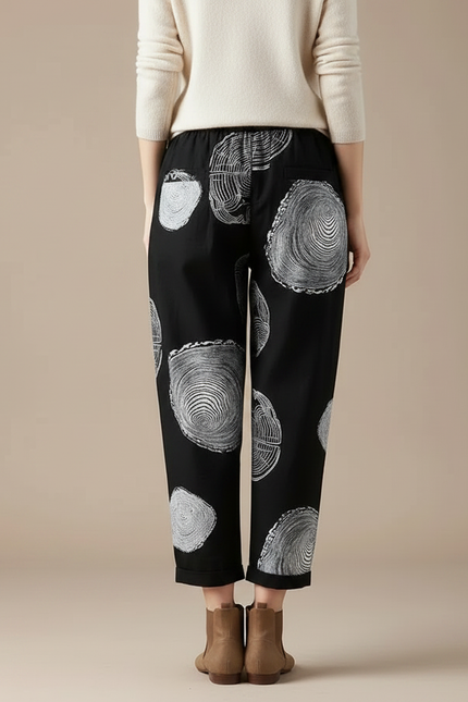 Pantalon Chino Noir Ample Imprimé Coton Lin Fluide - vue 2