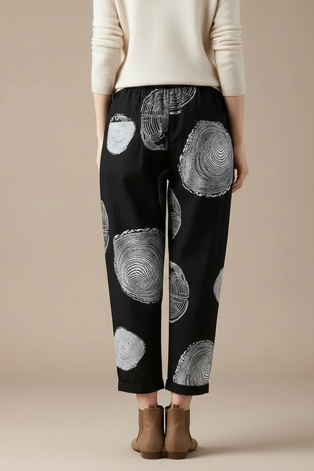 Pantalon Chino Noir Ample Imprimé Coton Lin Fluide - vue 2