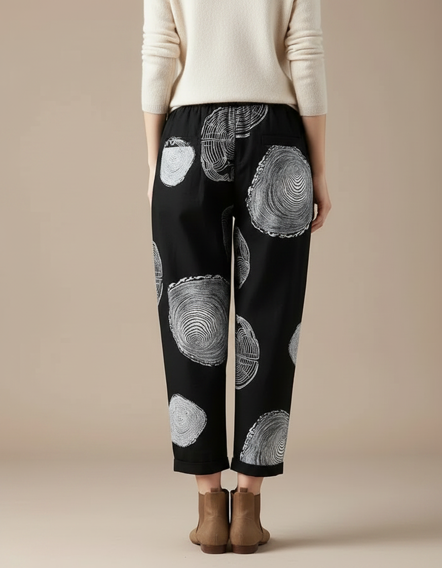 Pantalon Chino Noir Ample Imprimé Coton Lin Fluide - vue 2