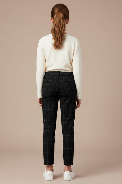 Pantalon Chino Noir Carreaux Slim Fille Élégant - Polyester - vue 2