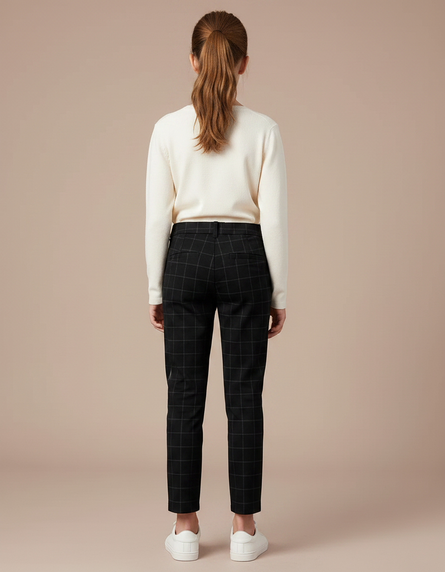Pantalon Chino Noir Carreaux Slim Fille Élégant - Polyester - vue 2