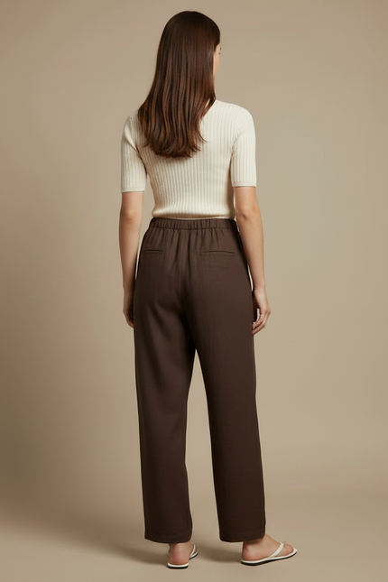 Pantalon Chino Marron Ample Fluide Décontracté Femme - Lin - vue 2