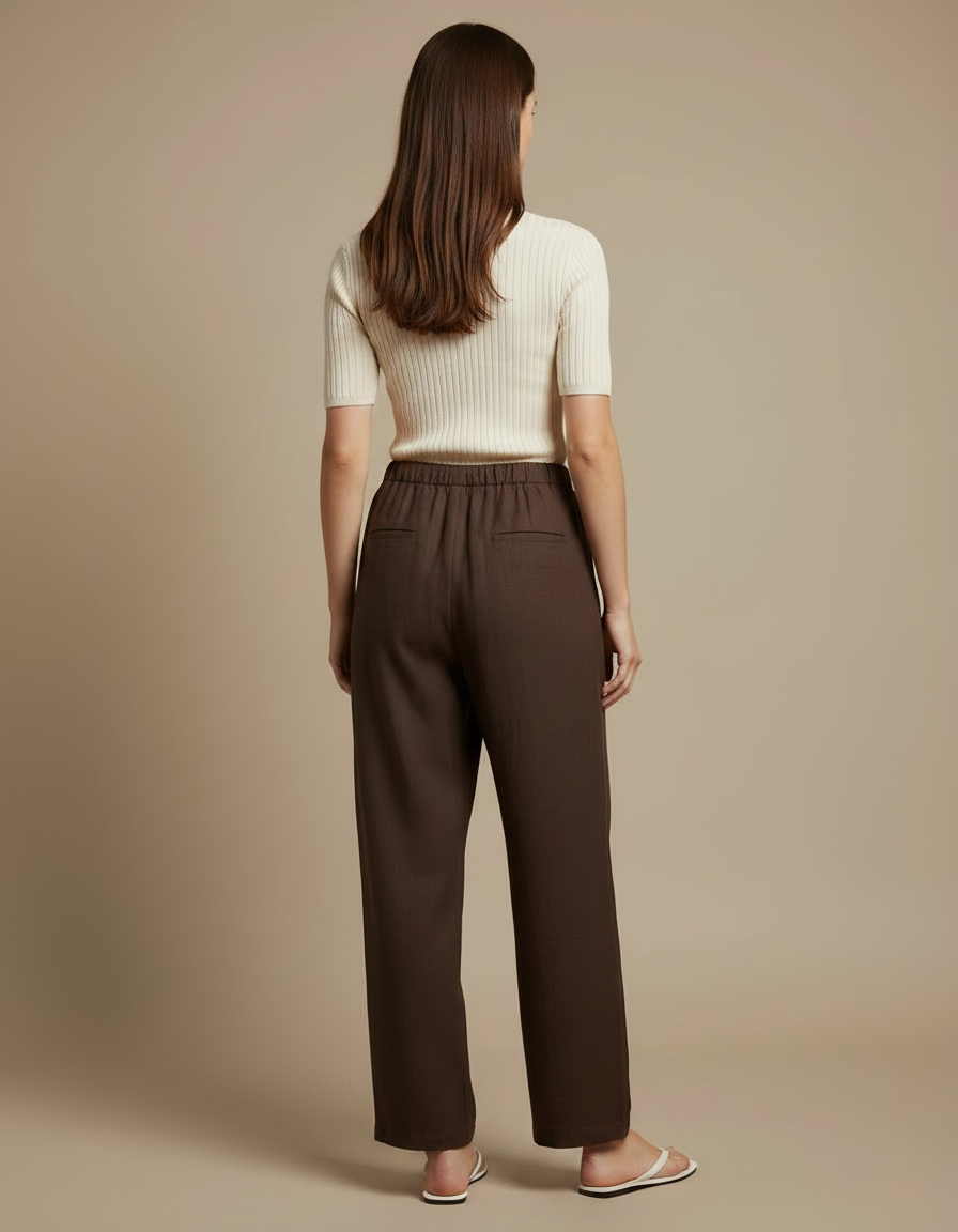 Pantalon Chino Marron Ample Fluide Décontracté Femme - Lin - vue 2