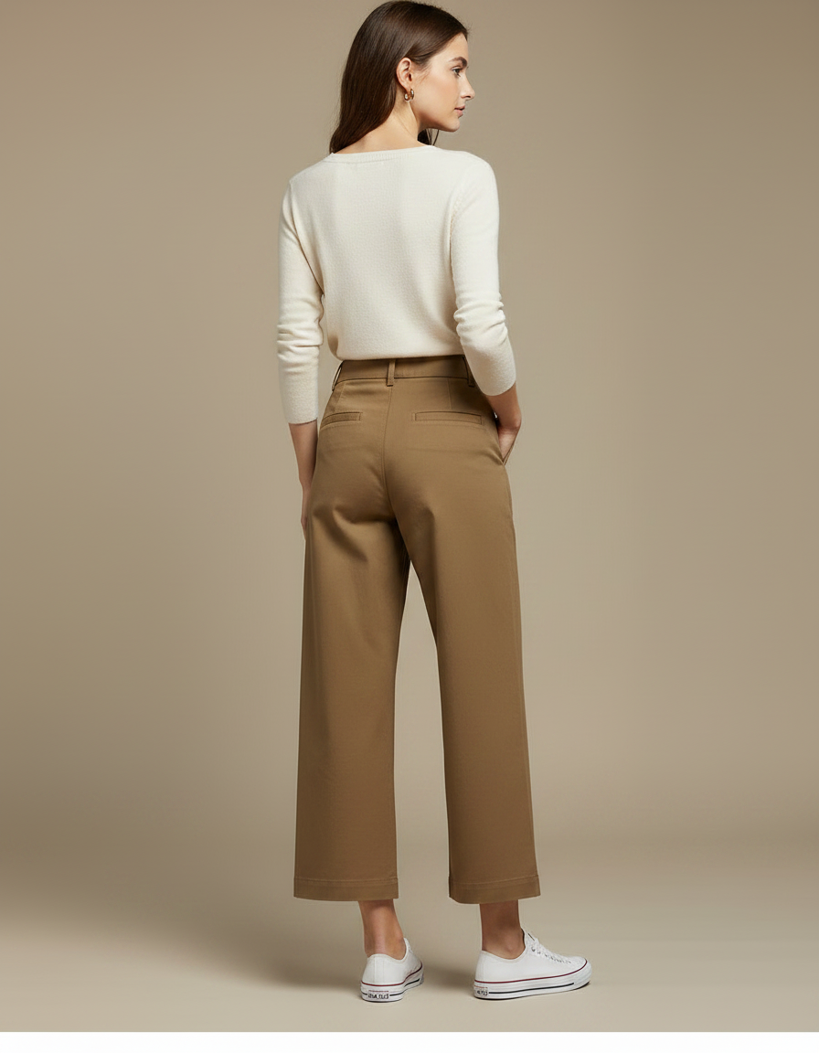 Pantalon Chino Kaki Ample Coton Décontracté Femme - Gabardine - vue 2