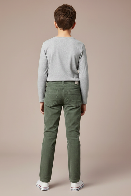 Pantalon Chino Vert Côtelé Droit Enfant Confortable - Kaki Cordé - vue 2