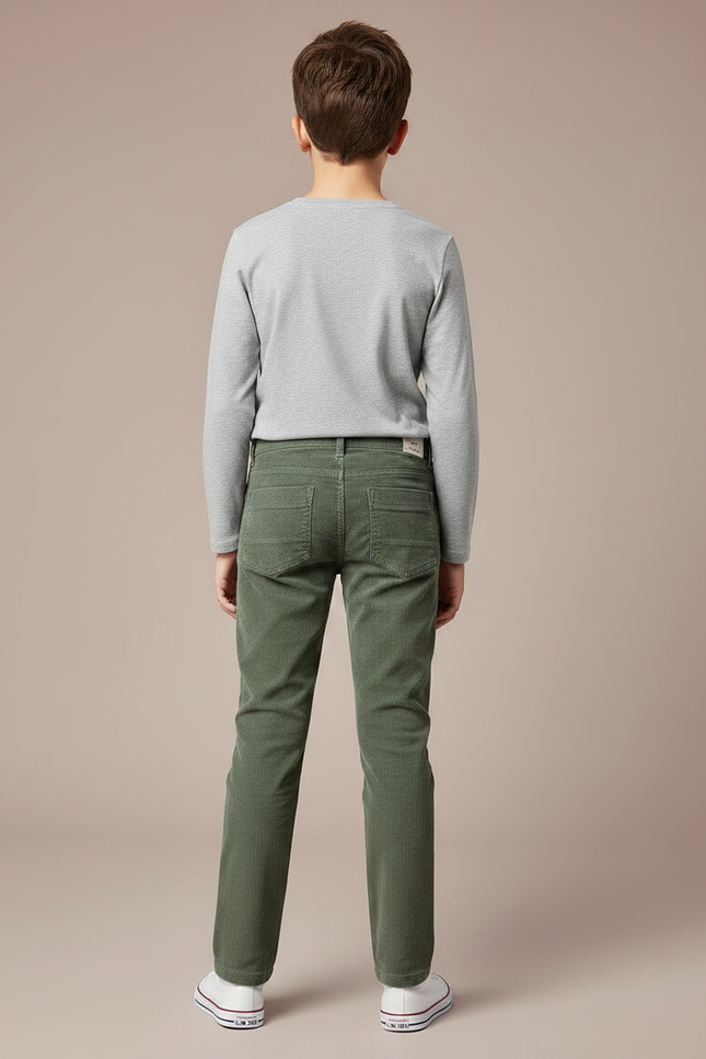 Pantalon Chino Vert Côtelé Droit Enfant Confortable - Kaki Cordé - vue 2