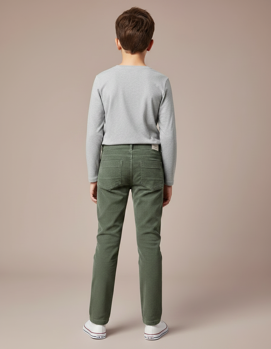 Pantalon Chino Vert Côtelé Droit Enfant Confortable - Kaki Cordé - vue 2