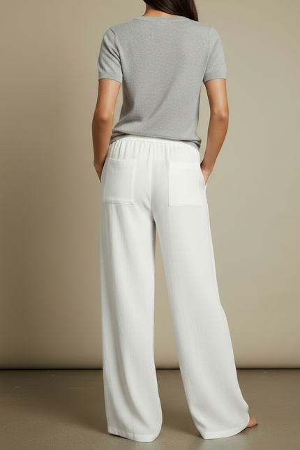 Pantalon Chino Blanc Ample Fluide Décontracté Femme - Lin - vue 2