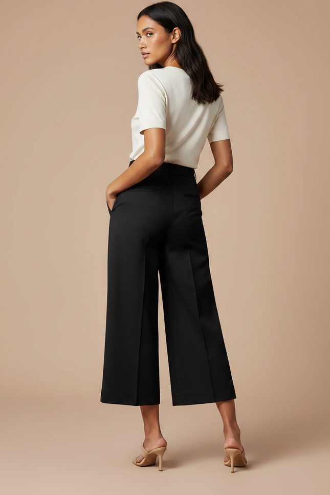 Pantalon Chino Noir Ample Taille Haute Business Femme - Gabardine - vue 2