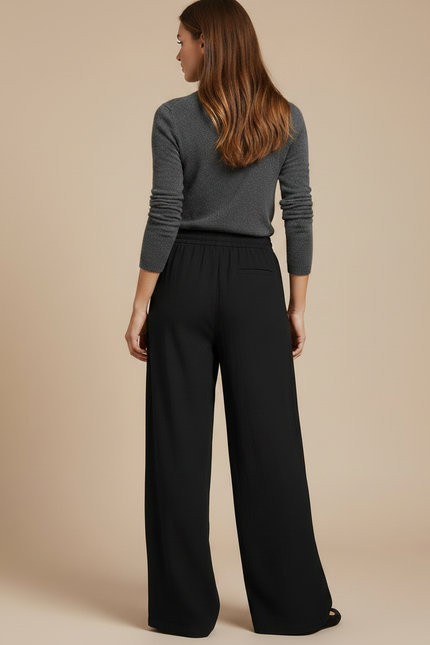 Pantalon Chino Noir Fluide Ample Décontracté Femme - Viscose - vue 2