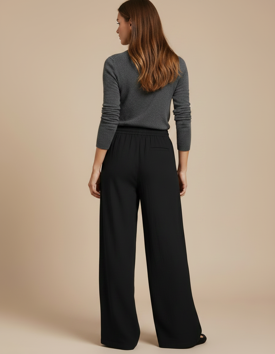 Pantalon Chino Noir Fluide Ample Décontracté Femme - Viscose - vue 2