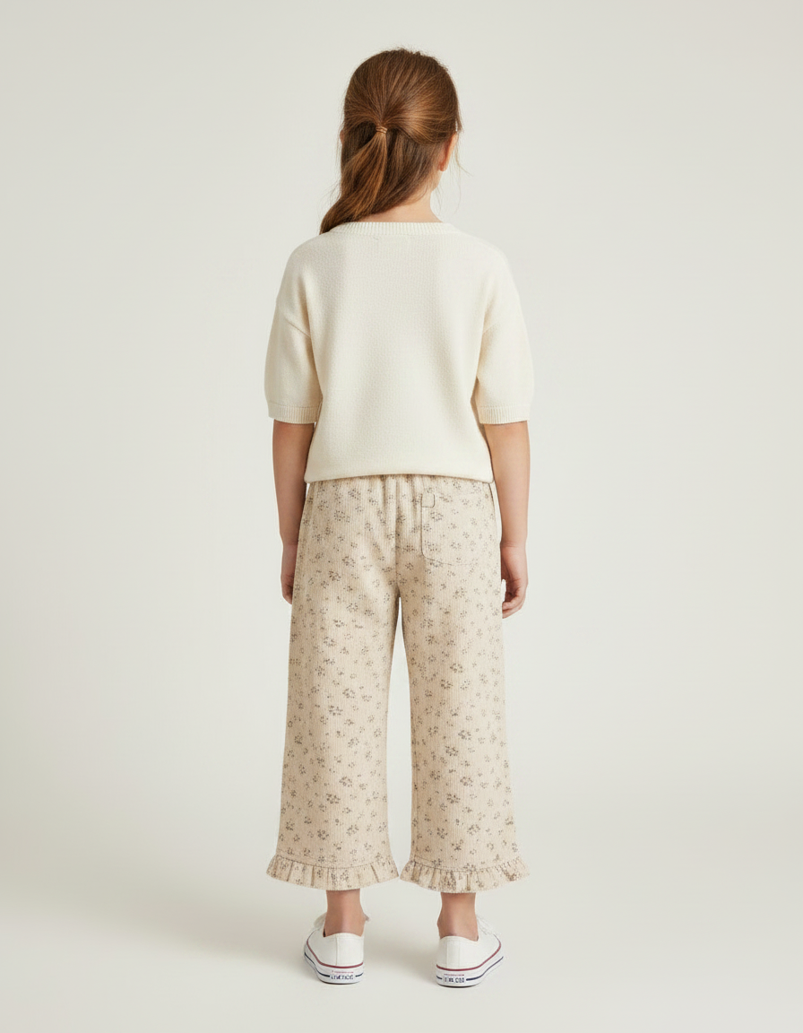 Pantalon Chino Beige Côtelé Ample Imprimé Floral Fille - Cordé - vue 2