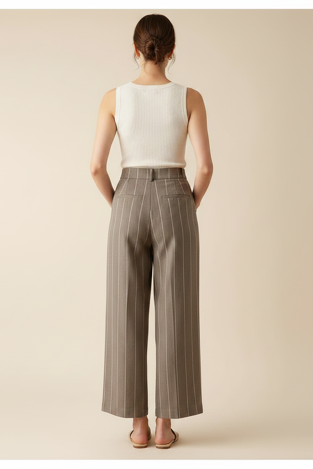 Pantalon Chino Marron Rayé Ample Fluide Femme - Laine - vue 2