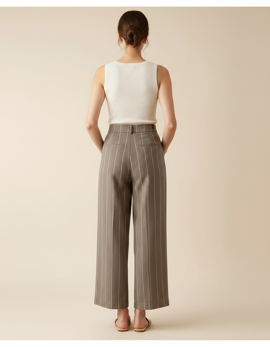 Pantalon Chino Marron Rayé Ample Fluide Femme - Laine - vue 2