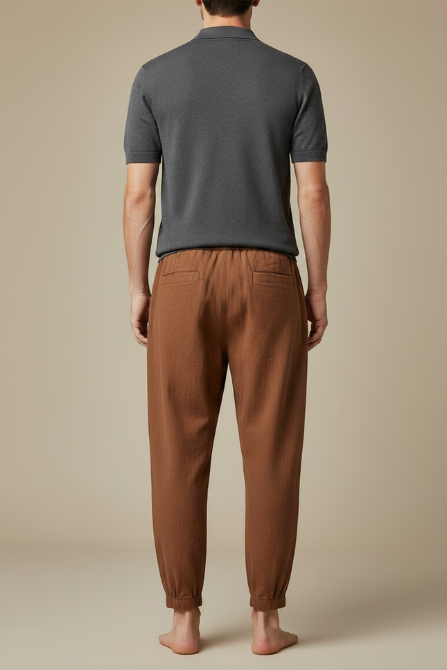 Pantalon Chino Marron Lin Coton Ample Décontracté Homme - vue 2