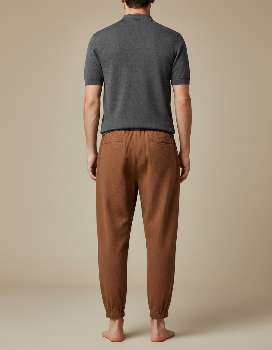 Pantalon Chino Marron Lin Coton Ample Décontracté Homme - vue 2