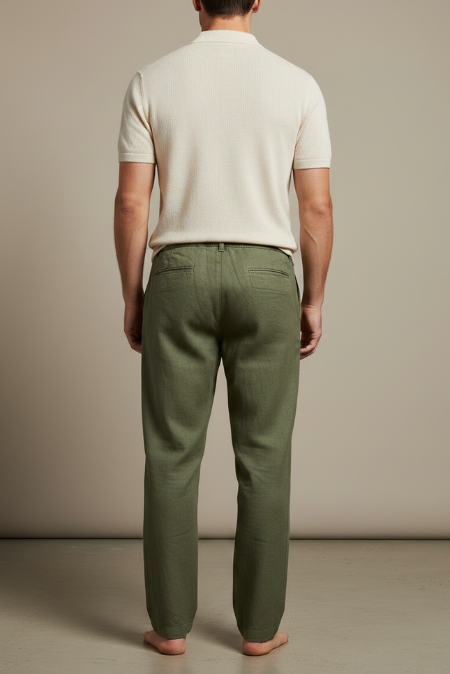 Pantalon Chino Vert Olive Lin Ample Décontracté Homme - Kaki - vue 2