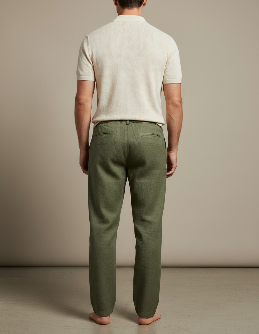 Pantalon Chino Vert Olive Lin Ample Décontracté Homme - Kaki - vue 2