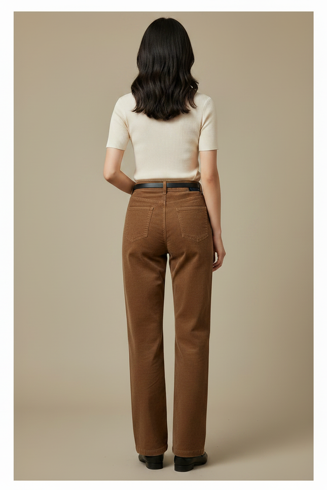 Pantalon Chino Marron Côtelé Taille Haute Ample Femme - Cordé - vue 2