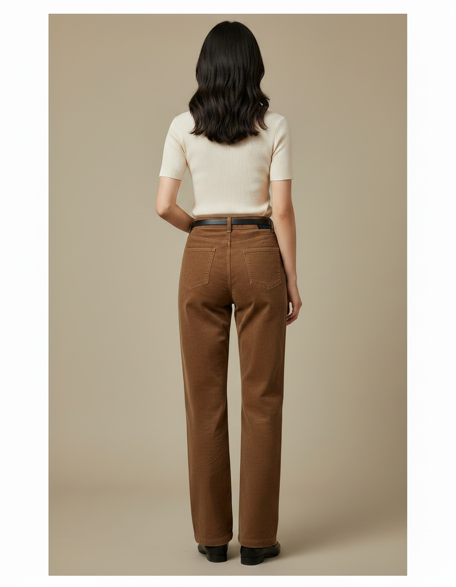 Pantalon Chino Marron Côtelé Taille Haute Ample Femme - Cordé - vue 2