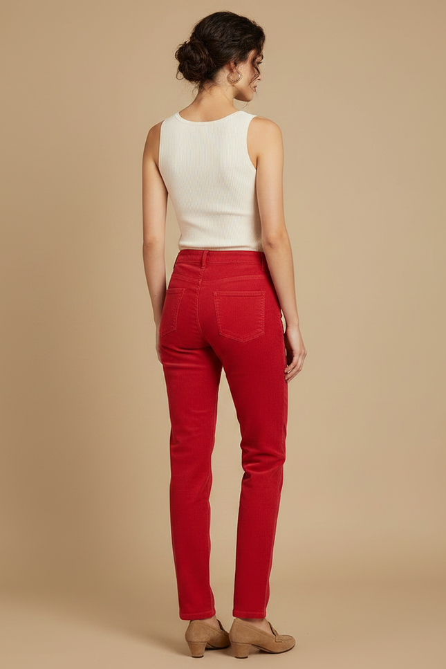 Pantalon Chino Rouge Côtelé Droit Taille Haute Femme - Cordé - vue 2