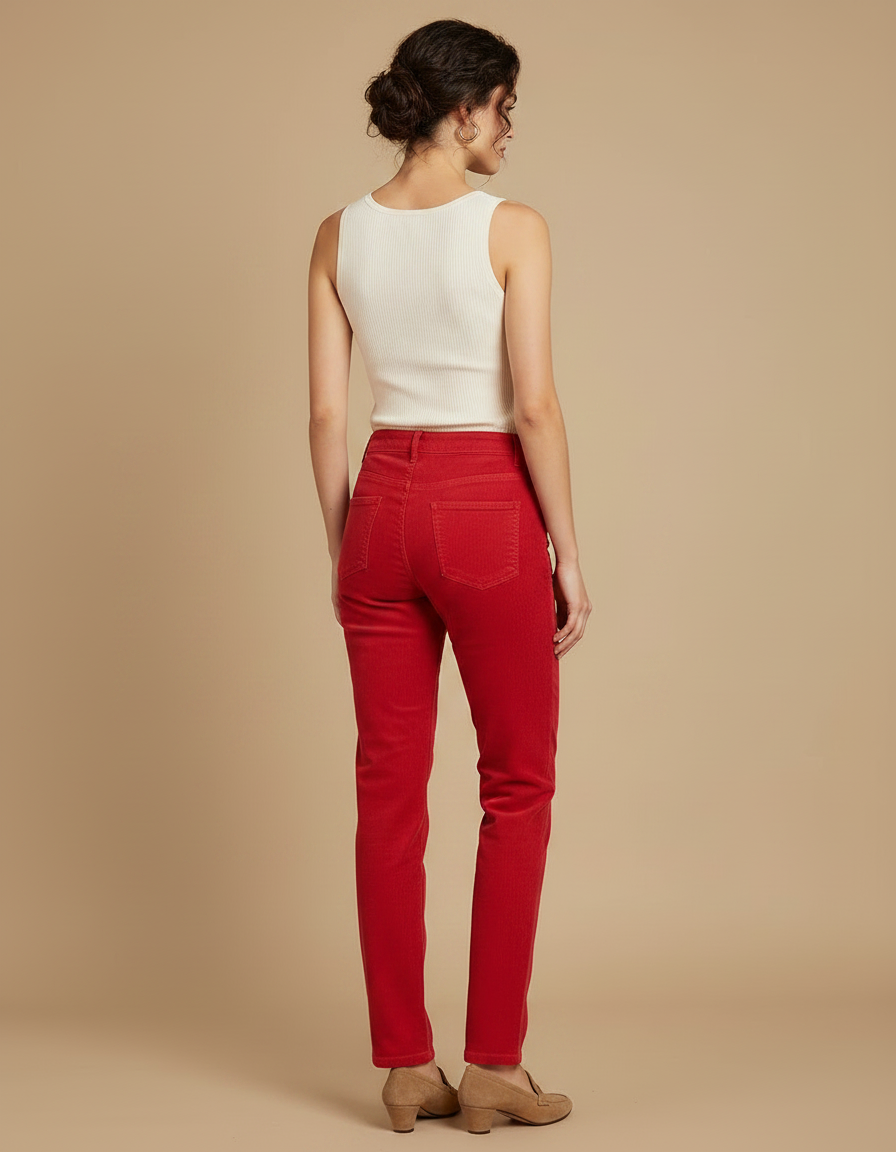 Pantalon Chino Rouge Côtelé Droit Taille Haute Femme - Cordé - vue 2