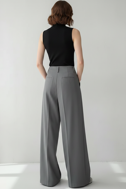 Pantalon Chino Gris Taille Haute Plissé Ample Femme - Gabardine - vue 2