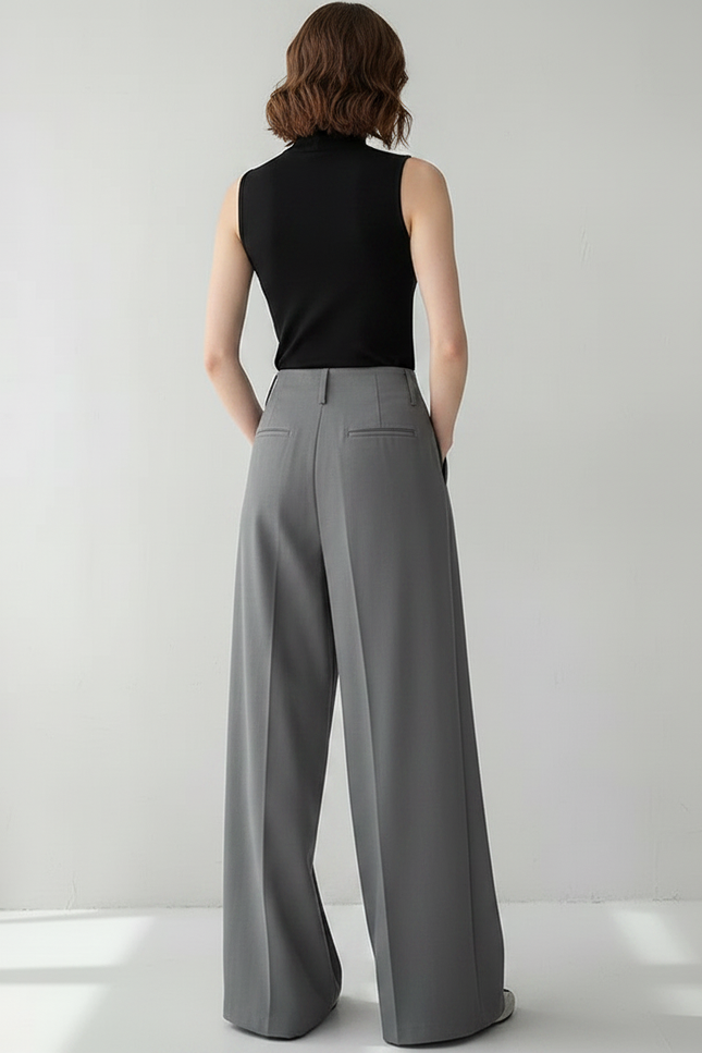 Pantalon Chino Gris Taille Haute Plissé Ample Femme - Gabardine - vue 2