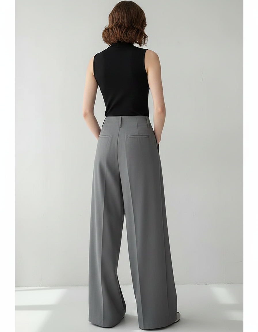 Pantalon Chino Gris Taille Haute Plissé Ample Femme - Gabardine - vue 2