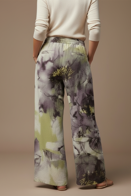 Pantalon Chino Ample Floral Vert Violet Décontracté - Multicolore Lin - vue 2