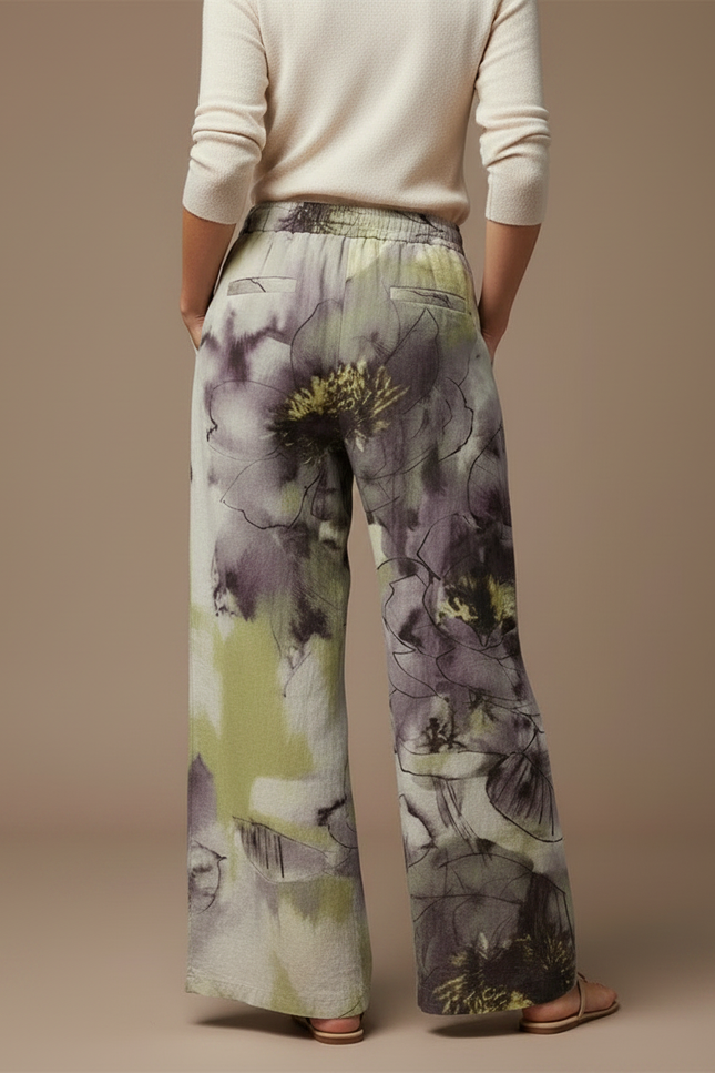 Pantalon Chino Ample Floral Vert Violet Décontracté - Multicolore Lin - vue 2
