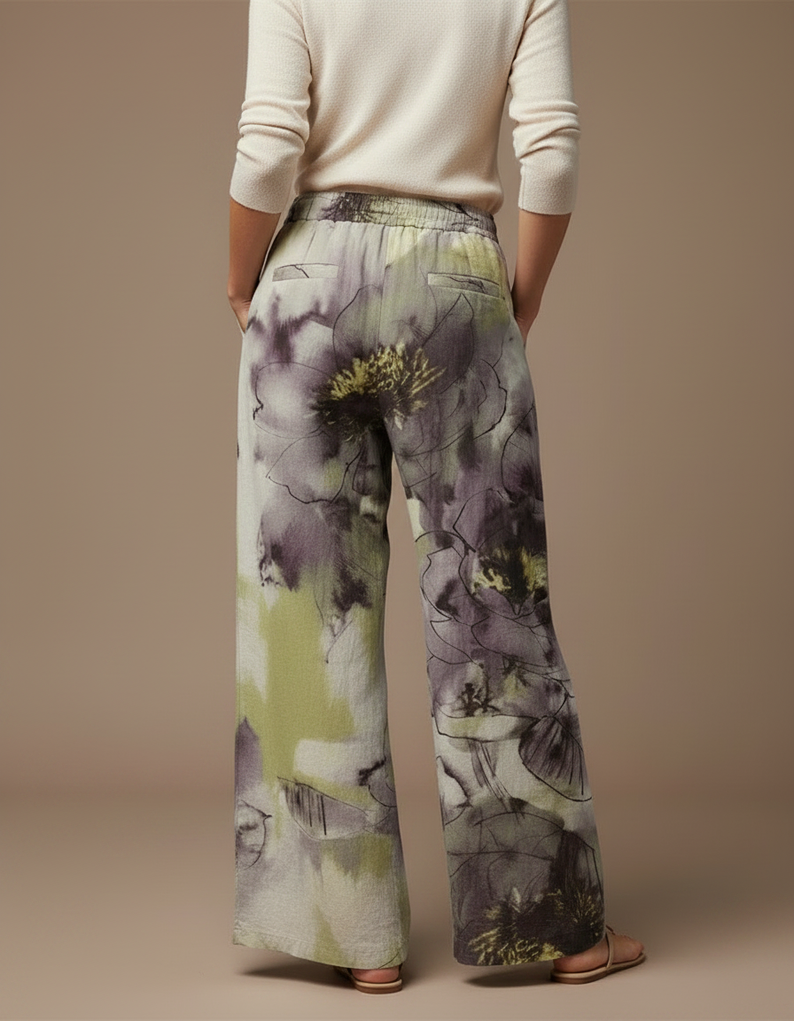 Pantalon Chino Ample Floral Vert Violet Décontracté - Multicolore Lin - vue 2