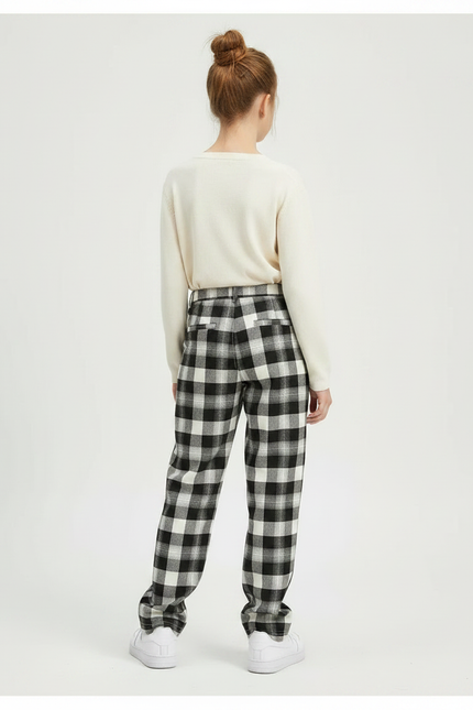 Pantalon Chino Carreaux Noir Blanc Ample Décontracté Fille - Imprimé Tweed - vue 2
