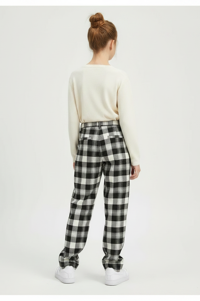 Pantalon Chino Carreaux Noir Blanc Ample Décontracté Fille - Imprimé Tweed - vue 2