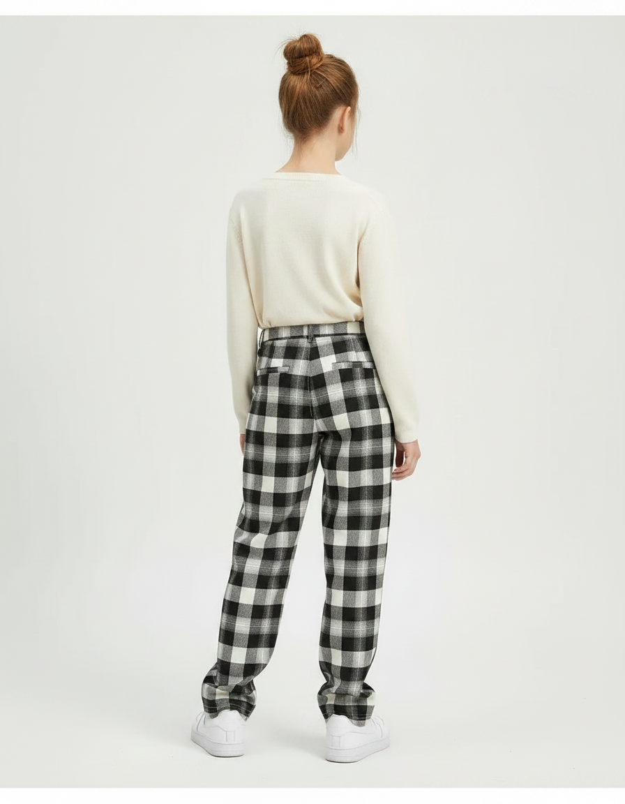 Pantalon Chino Carreaux Noir Blanc Ample Décontracté Fille - Imprimé Tweed - vue 2