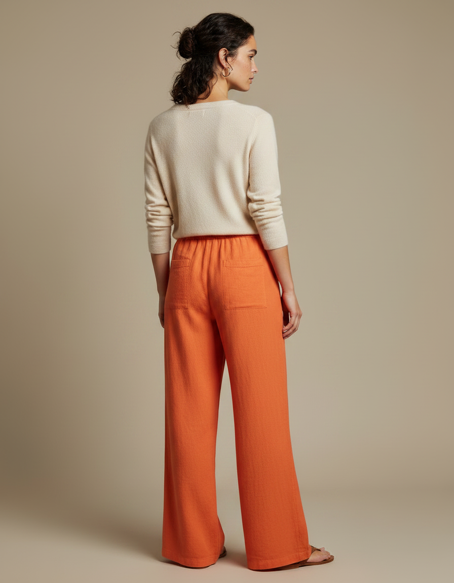 Pantalon Chino Orange Ample Fluide Décontracté Femme - Lin - vue 2
