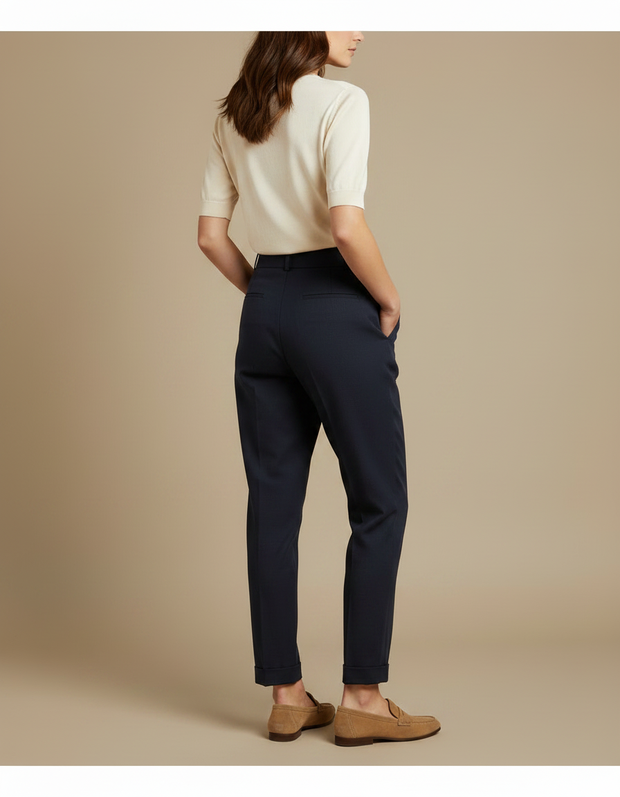 Pantalon Chino Bleu Marine Plissé Taille Haute Femme - Gabardine - vue 2
