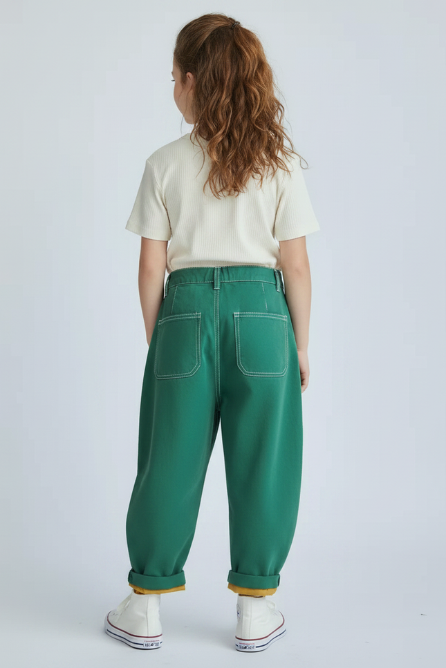 Pantalon Chino Vert Ample Coton Enfant Décontracté Plié - vue 2