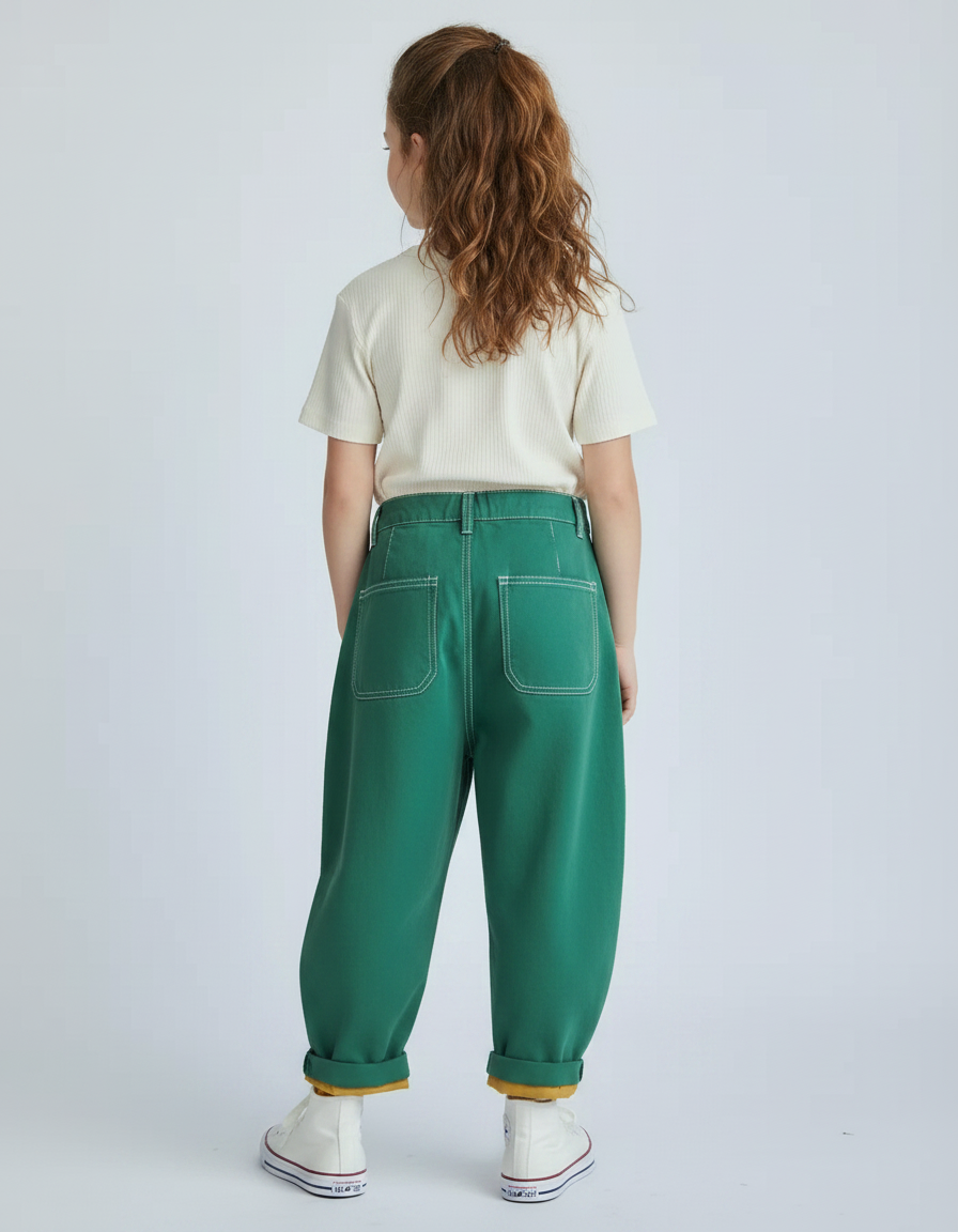 Pantalon Chino Vert Ample Coton Enfant Décontracté Plié - vue 2