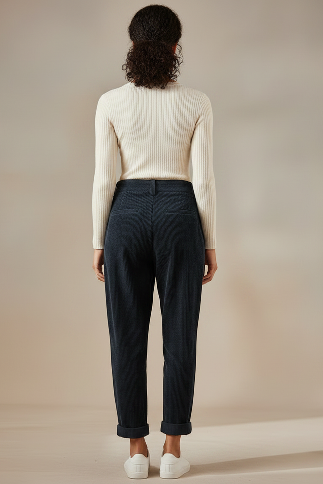 Pantalon Chino Côtelé Bleu Marine Ample Décontracté Femme - Cordé - vue 2