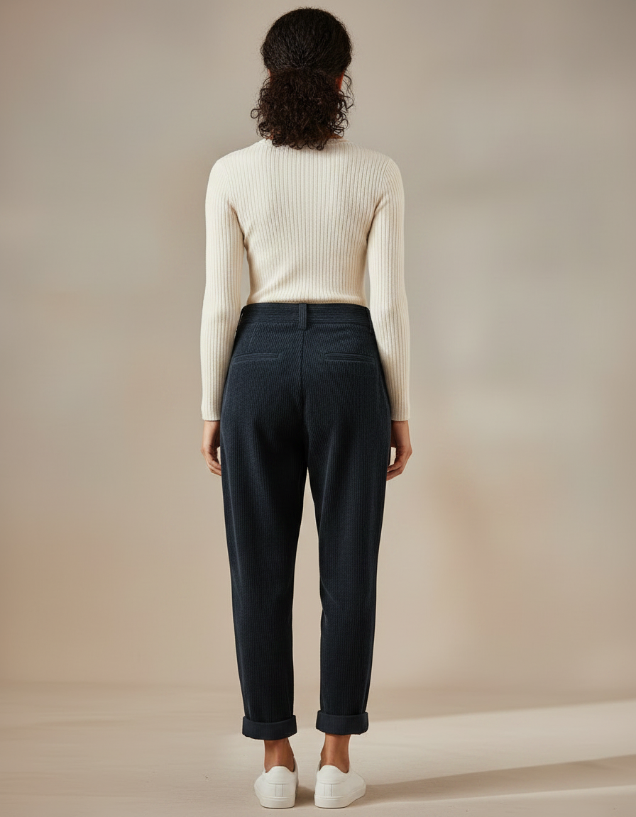 Pantalon Chino Côtelé Bleu Marine Ample Décontracté Femme - Cordé - vue 2