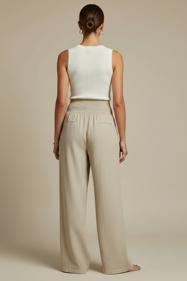 Pantalon Chino Beige Ample Lin Décontracté Femme - vue 2
