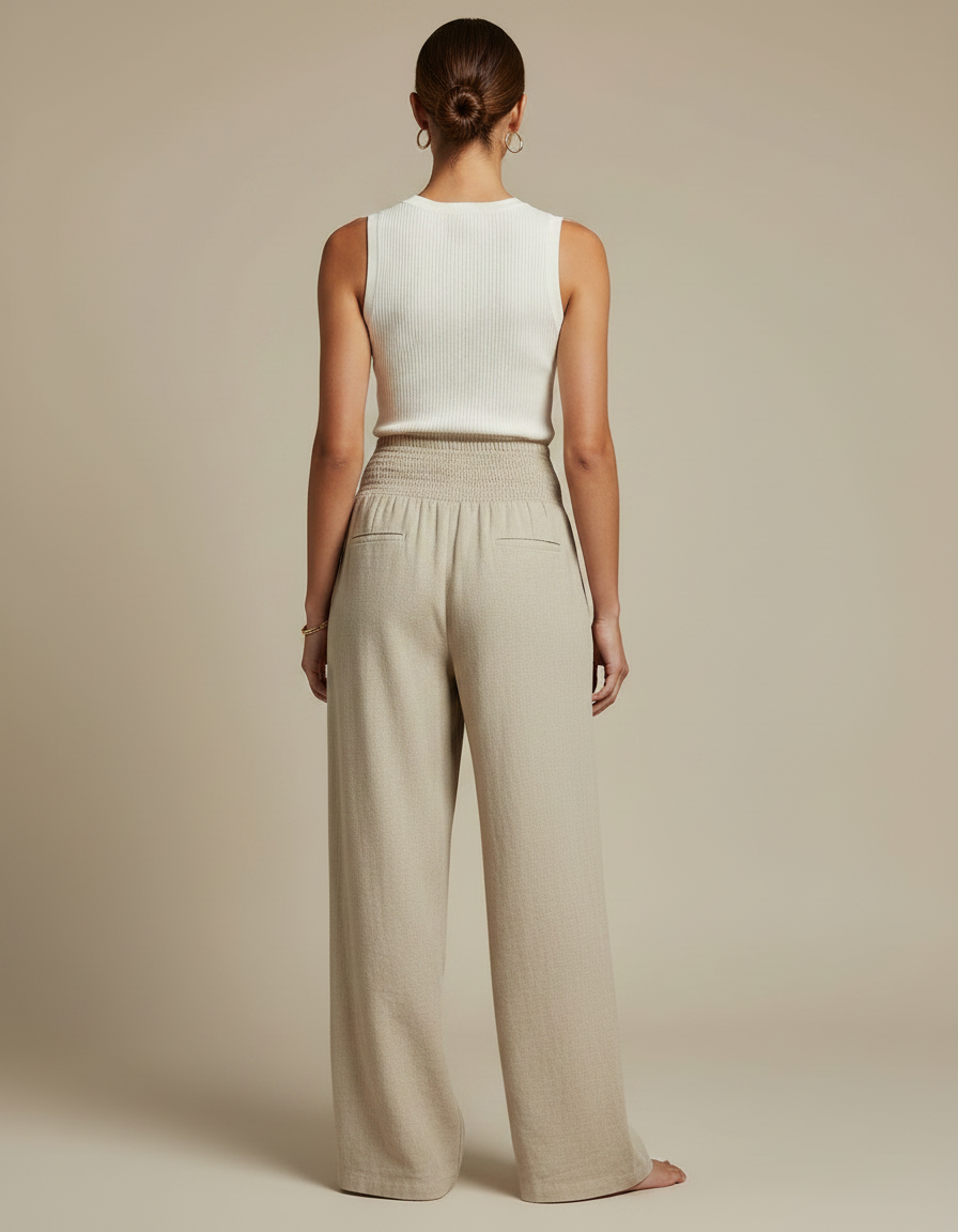 Pantalon Chino Beige Ample Lin Décontracté Femme - vue 2