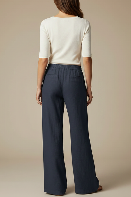 Pantalon Chino Bleu Marine Ample Lin Décontracté Femme - vue 2
