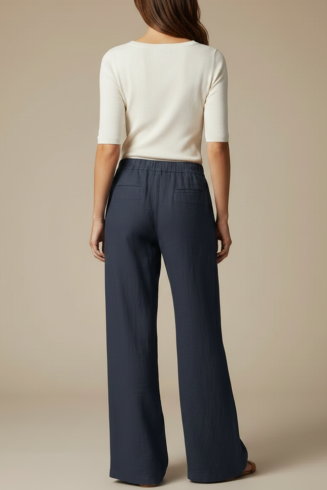 Pantalon Chino Bleu Marine Ample Lin Décontracté Femme - vue 2