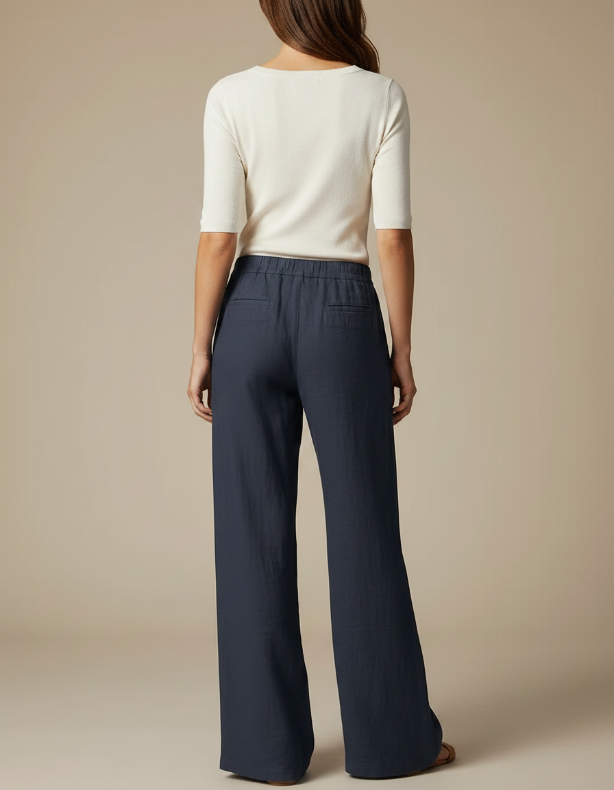 Pantalon Chino Bleu Marine Ample Lin Décontracté Femme - vue 2