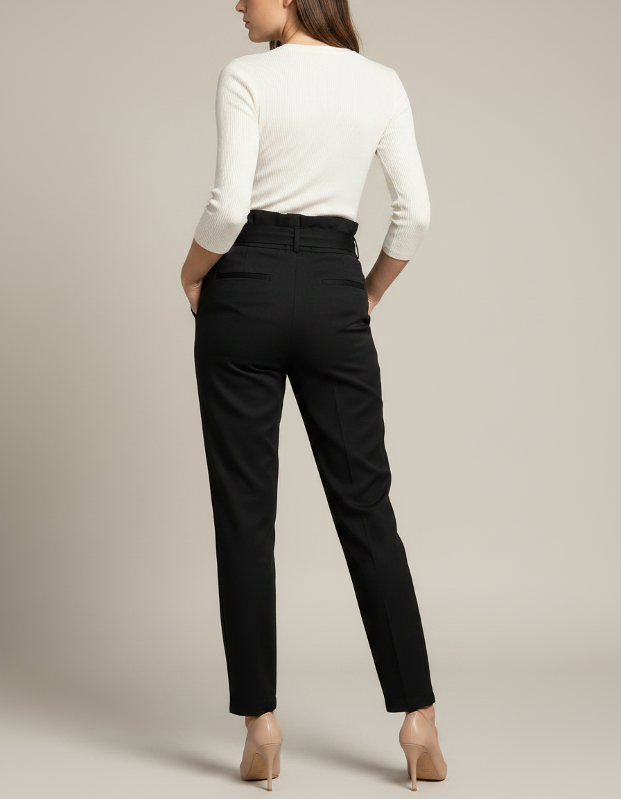 Pantalon Chino Noir Taille Haute Ceinture Fluide Femme - Polyester - vue 2