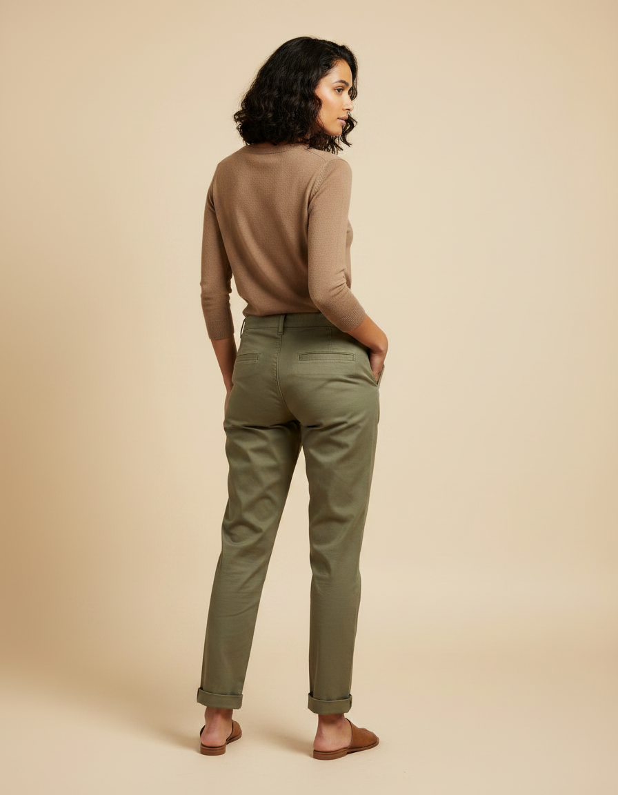 Pantalon Chino Vert Olive Coton Confortable Décontracté Femme - Kaki - vue 2